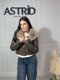 Geaca Sofi din piele eco guler blăniță și curea în talie