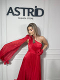 Rochie Ane midi plisată trena pe un umăr aplicații flori