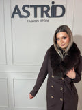 Palton Sofia lungă din cașmir cu balana  naturala și cordon în talie
