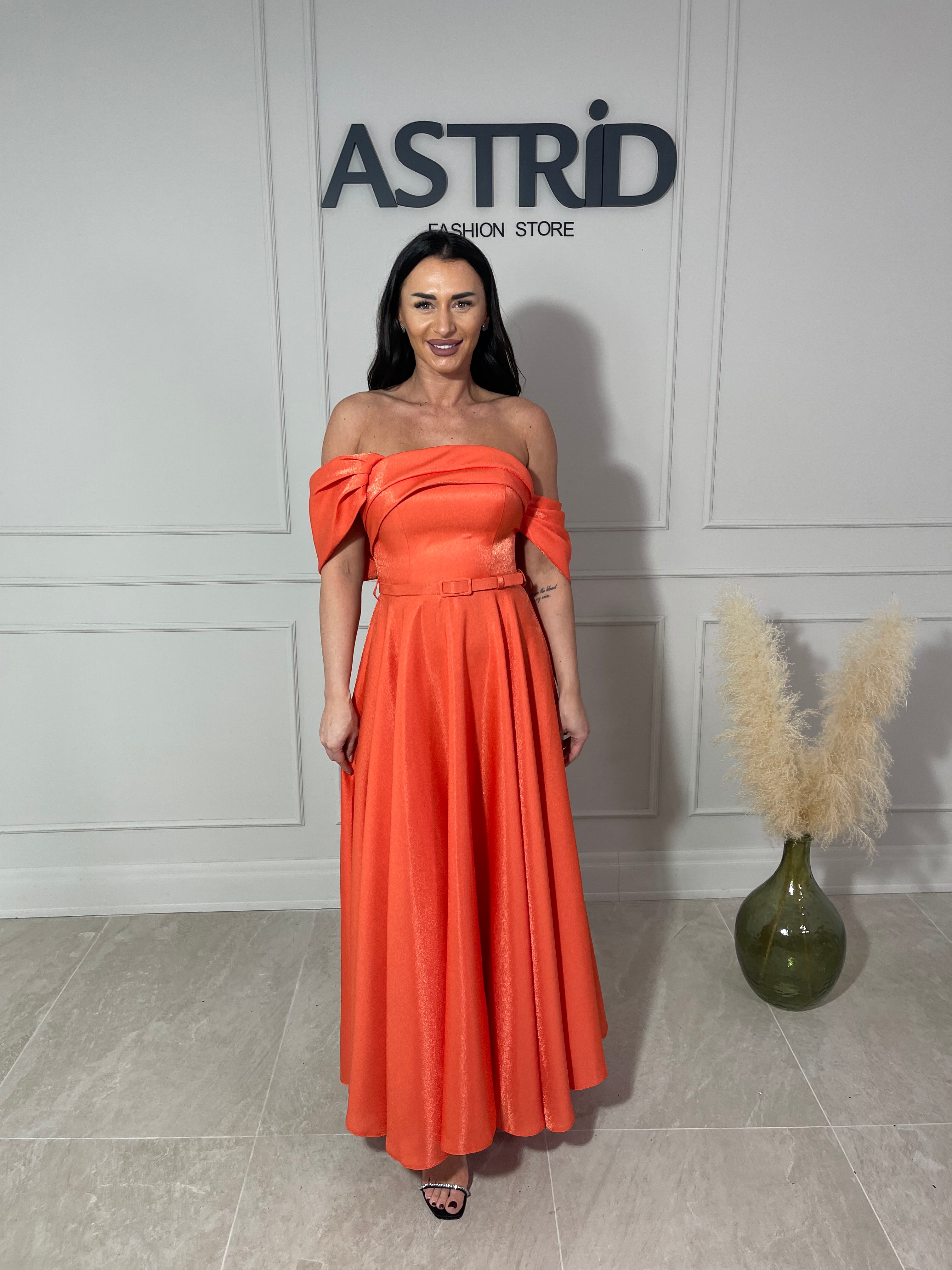 Rochie Monique midi din tafta cu decolteu tip bărcuță