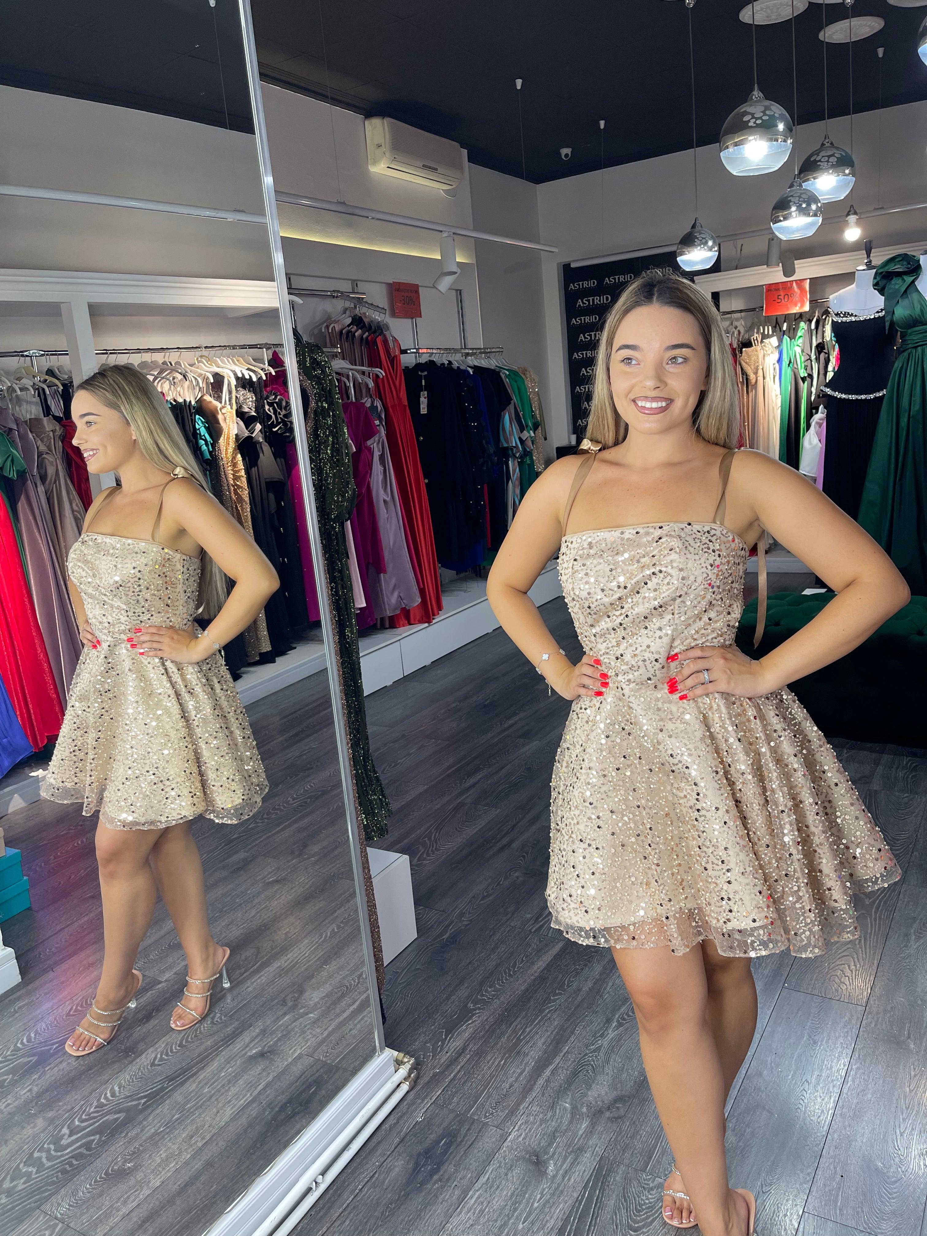 Rochie Amina aurie baby doll din dantela, bretele late