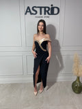 Rochie Opal midi neagră cu pietre la bust pe un umăr