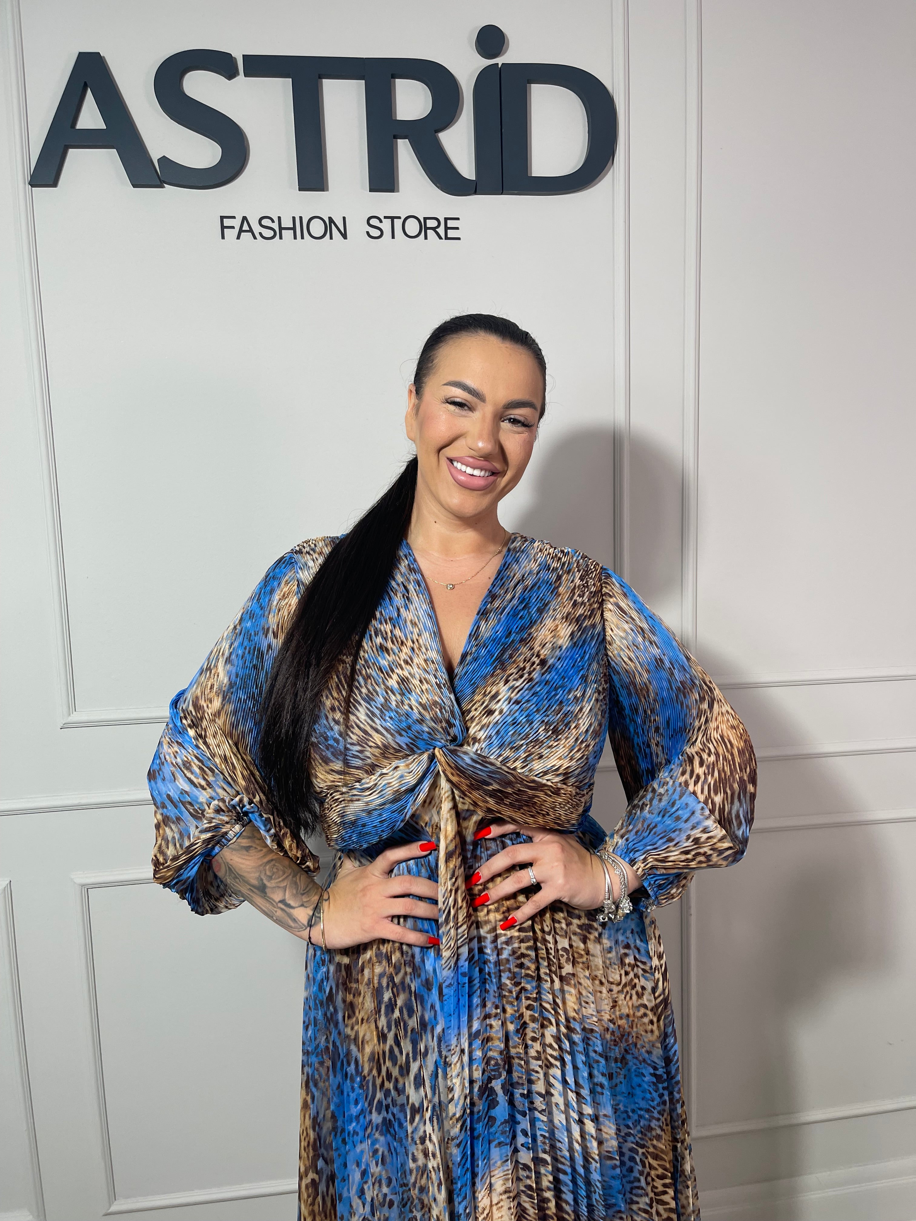 Rochie Naba lungă plisată cu imprimeu leopard