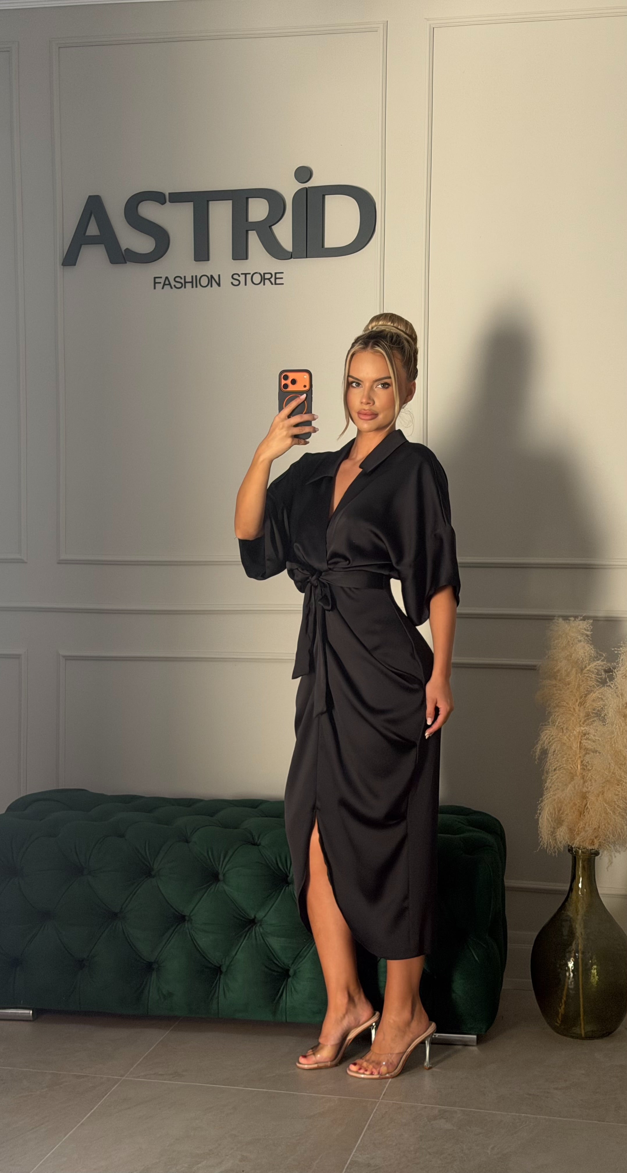 Rochie Any midi din satin cu încrețituri in talie