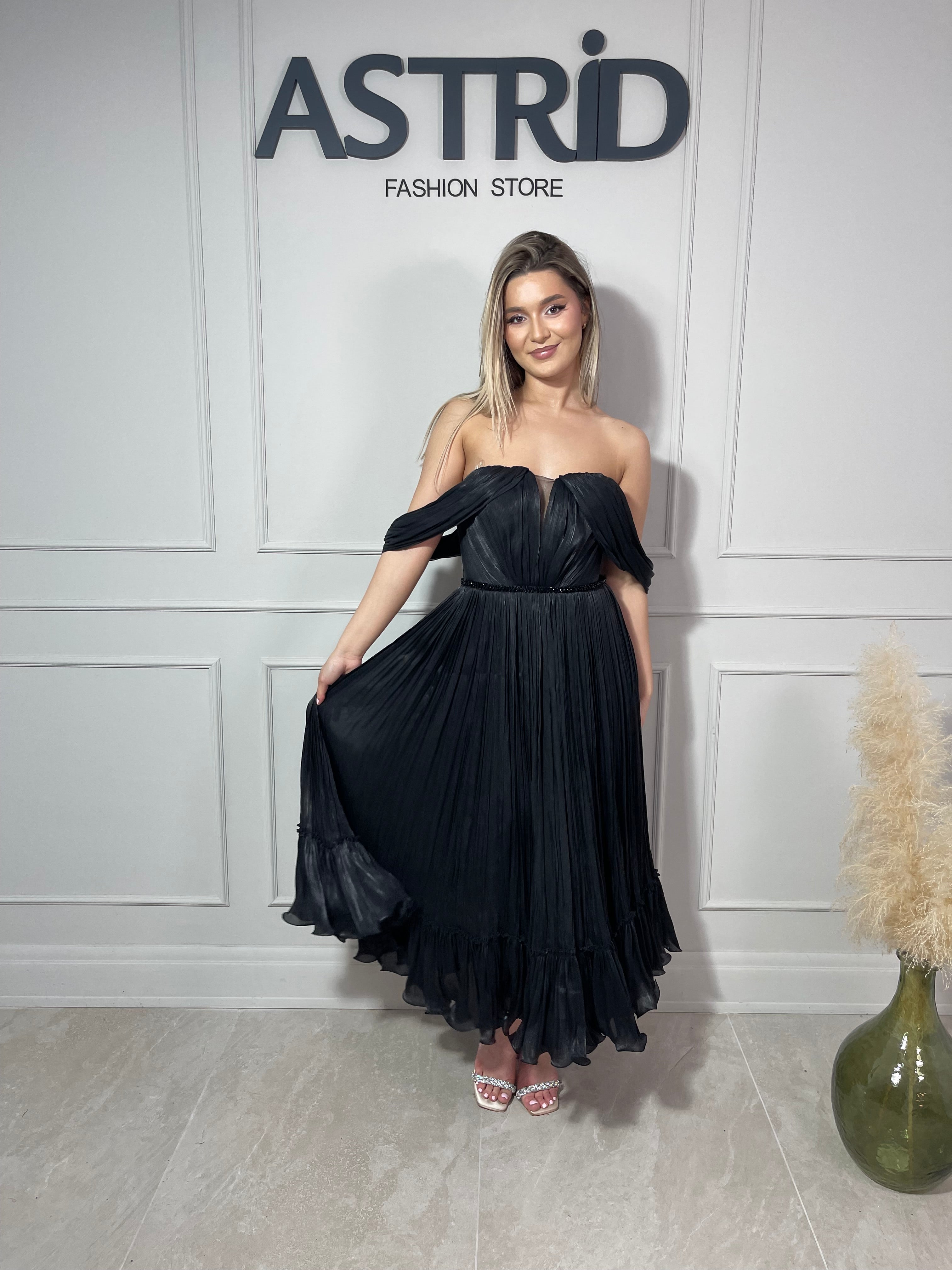 Rochie Arsi midi plisată umeri căzuți și curea în talie