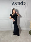 Rochie Bella lungă cu mânecă bufantă și aplicații perle
