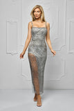 Rochie maxi, gri, din tafta, accesorizata cu dantela pretioasa, bretele late