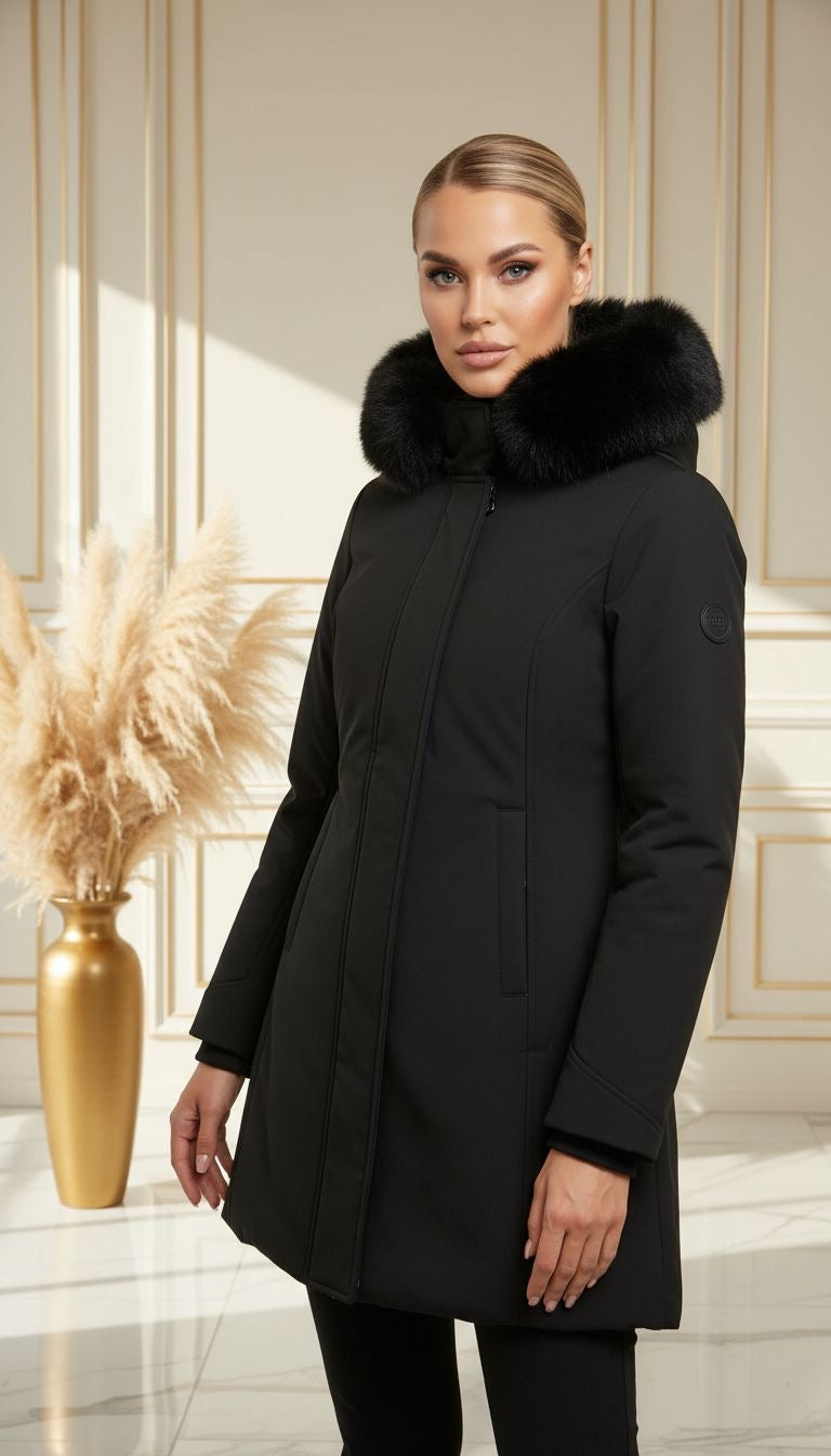 Geaca Tabita lungă neagră cu blană la guler