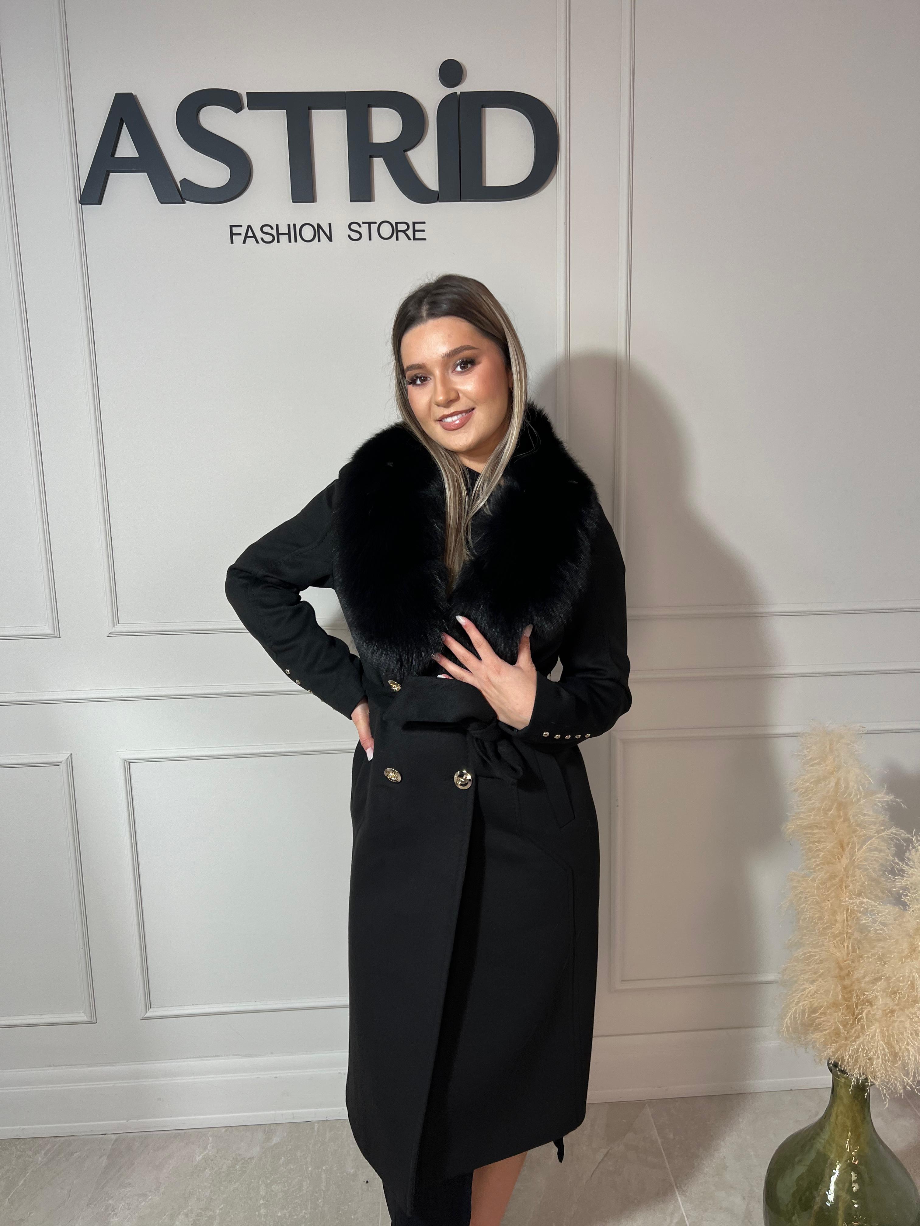 Palton Ama lung din cașmir și blană naturală