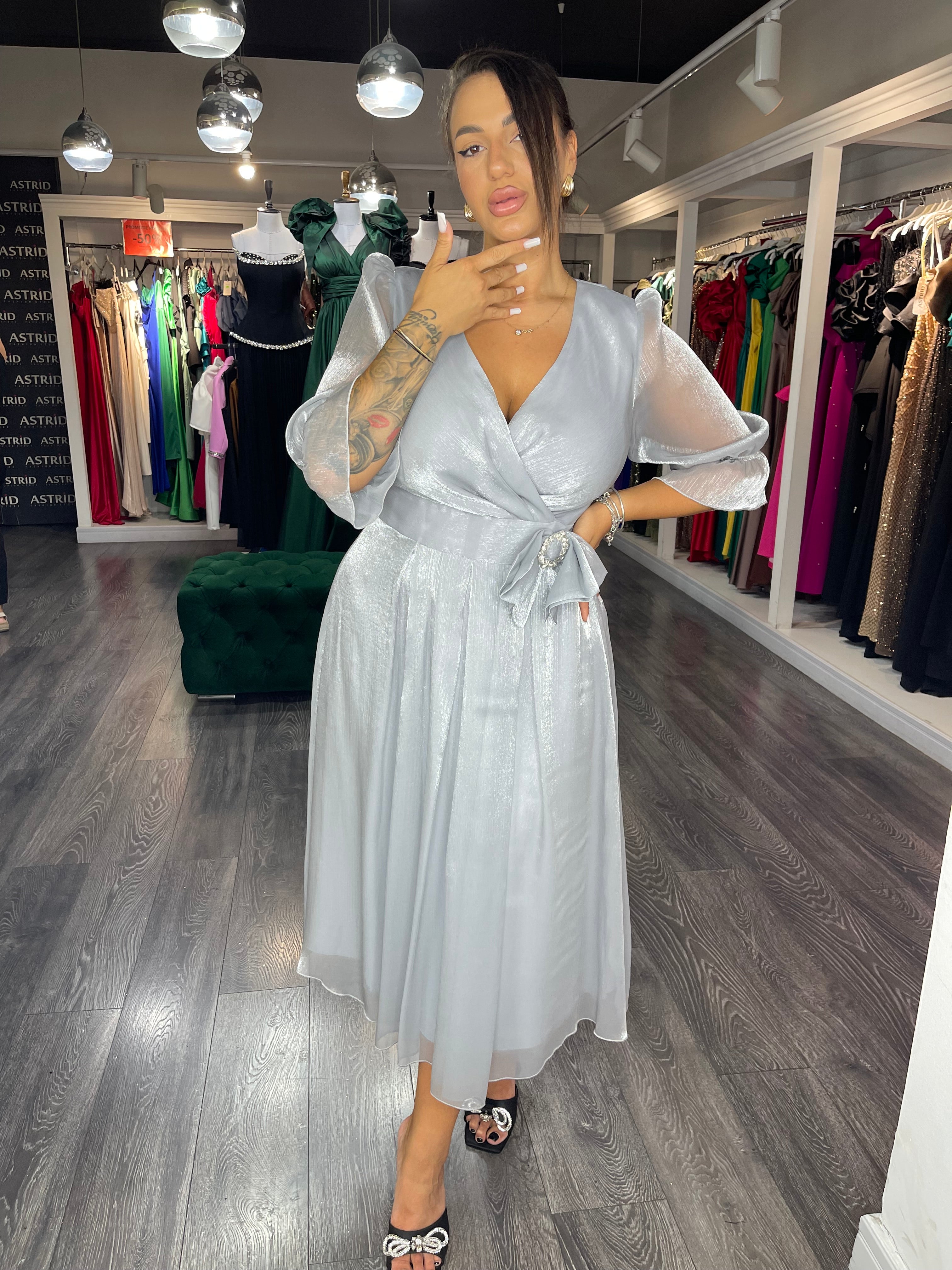Rochie Carie midi în cloș mânecă 3/4 floare în talie