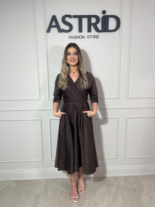 Rochie Dora midi din satin cu cordon în talie