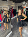 Rochie Amina  neagra baby doll din dantela, bretele late