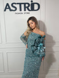 Rochie Belize midi cu mâneci detașabile și aplicații paiete și sclipici