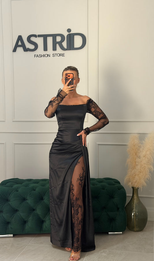 Rochie Ayla lungă cu crăpătură pe picior și aplicații dantelă