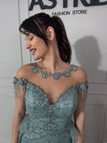 Rochie Hannah lungă aplicații pietre sclipici trenă din tiul și crăpătură pe picior