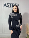 Rochie Laila lungă neagră mânecă lungă și aplicații paiete