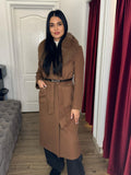 Palton Eveline cu blană la guler și curea în talie
