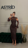Rochie Fayre midi in dantela cu guler si maneci detasabile