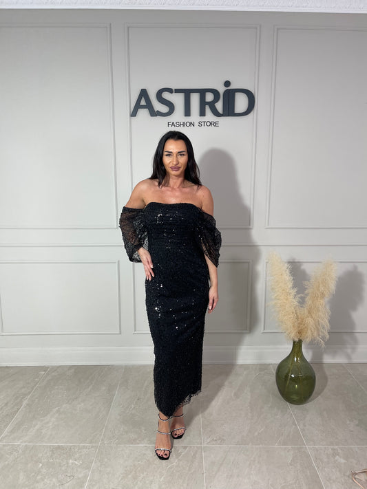 Rochie Opal midi din paiete cu mânecă căzută