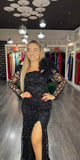 Rochie Valery aplicații sclipici mânecă lungă și floare pe umăr
