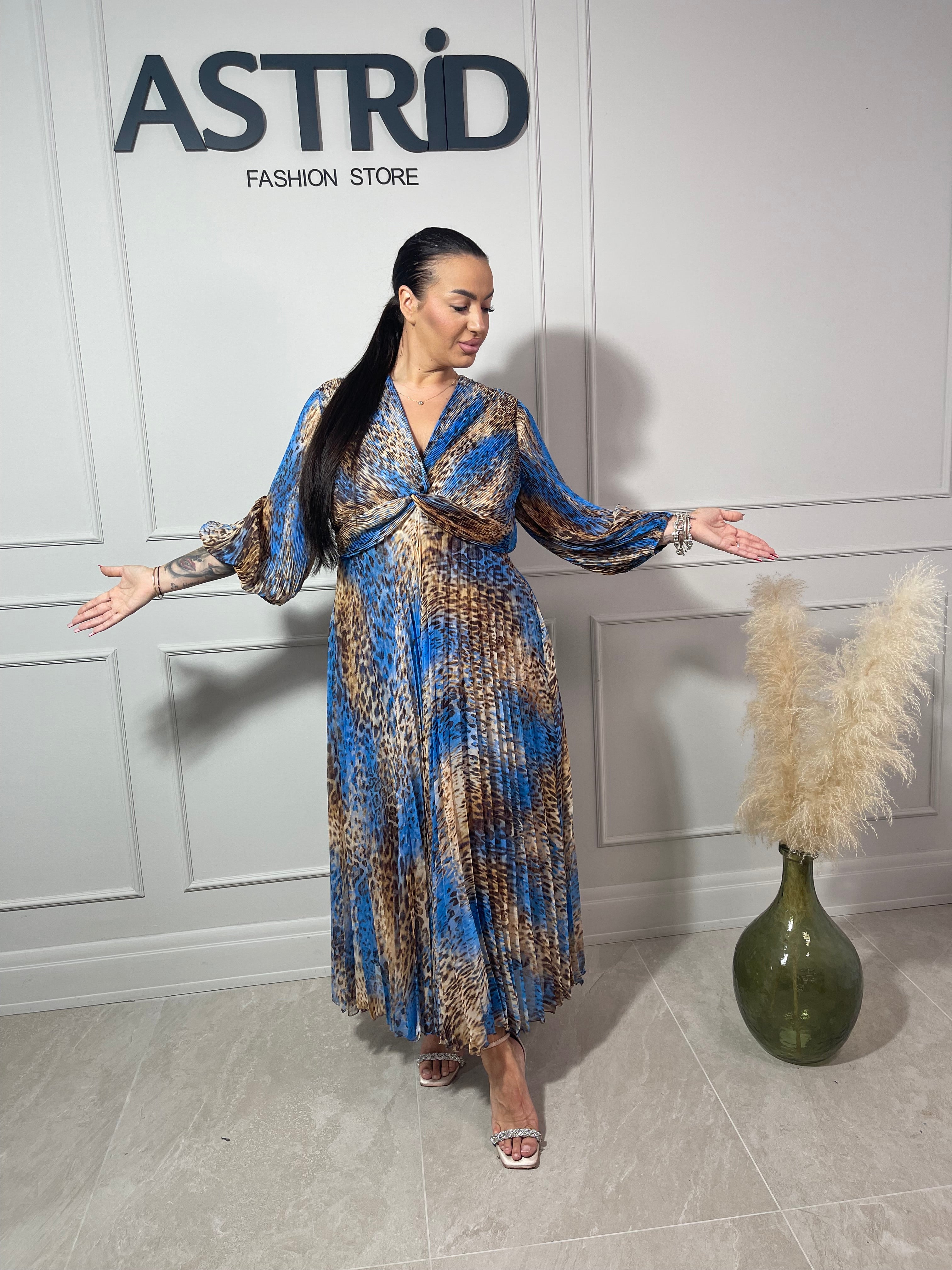 Rochie Naba lungă plisată cu imprimeu leopard
