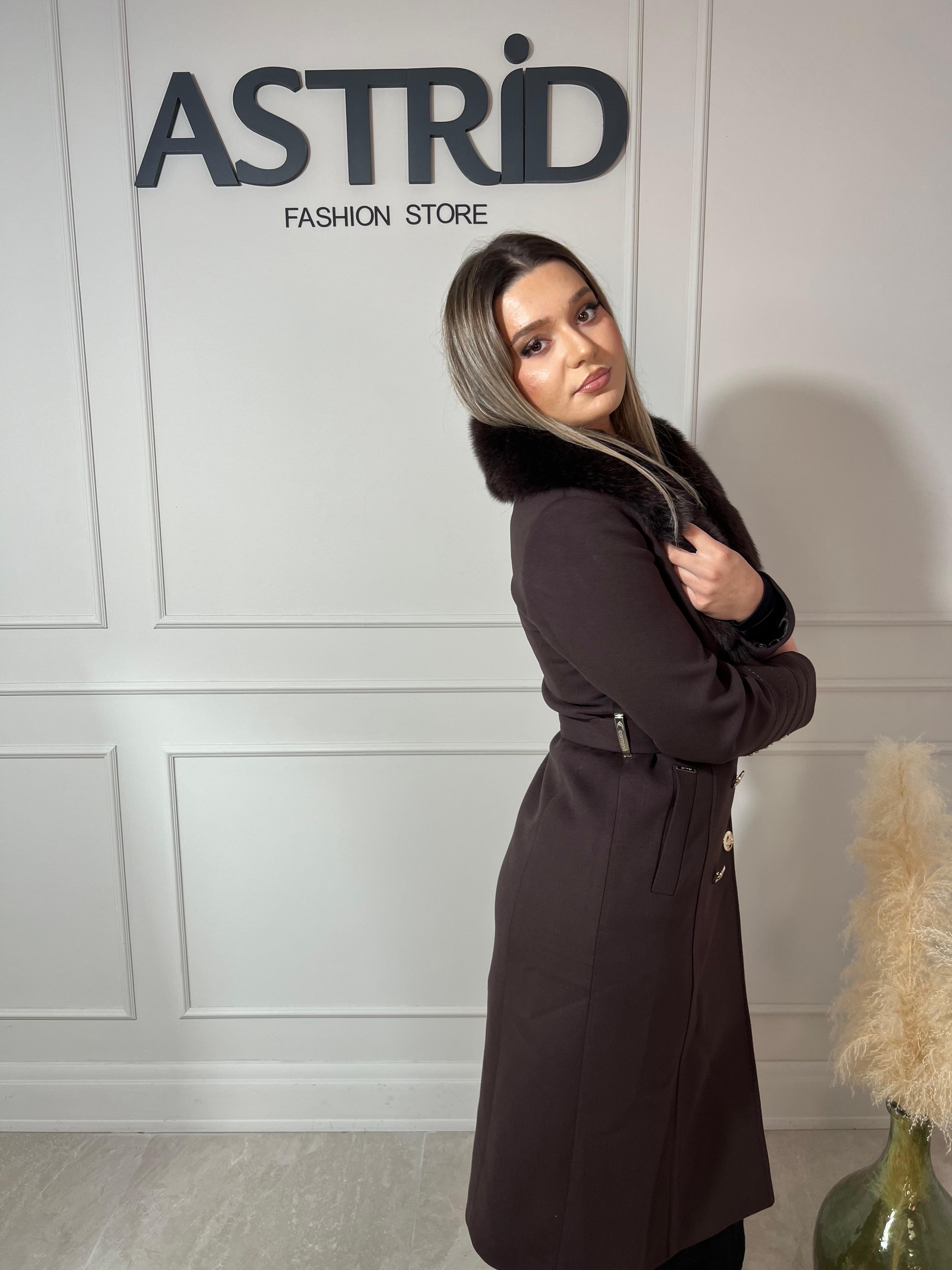 Palton Sofia lungă din cașmir cu balana  naturala și cordon în talie