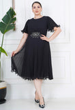 Rochie Denise midi plisată cu accesoriu pietre în talie