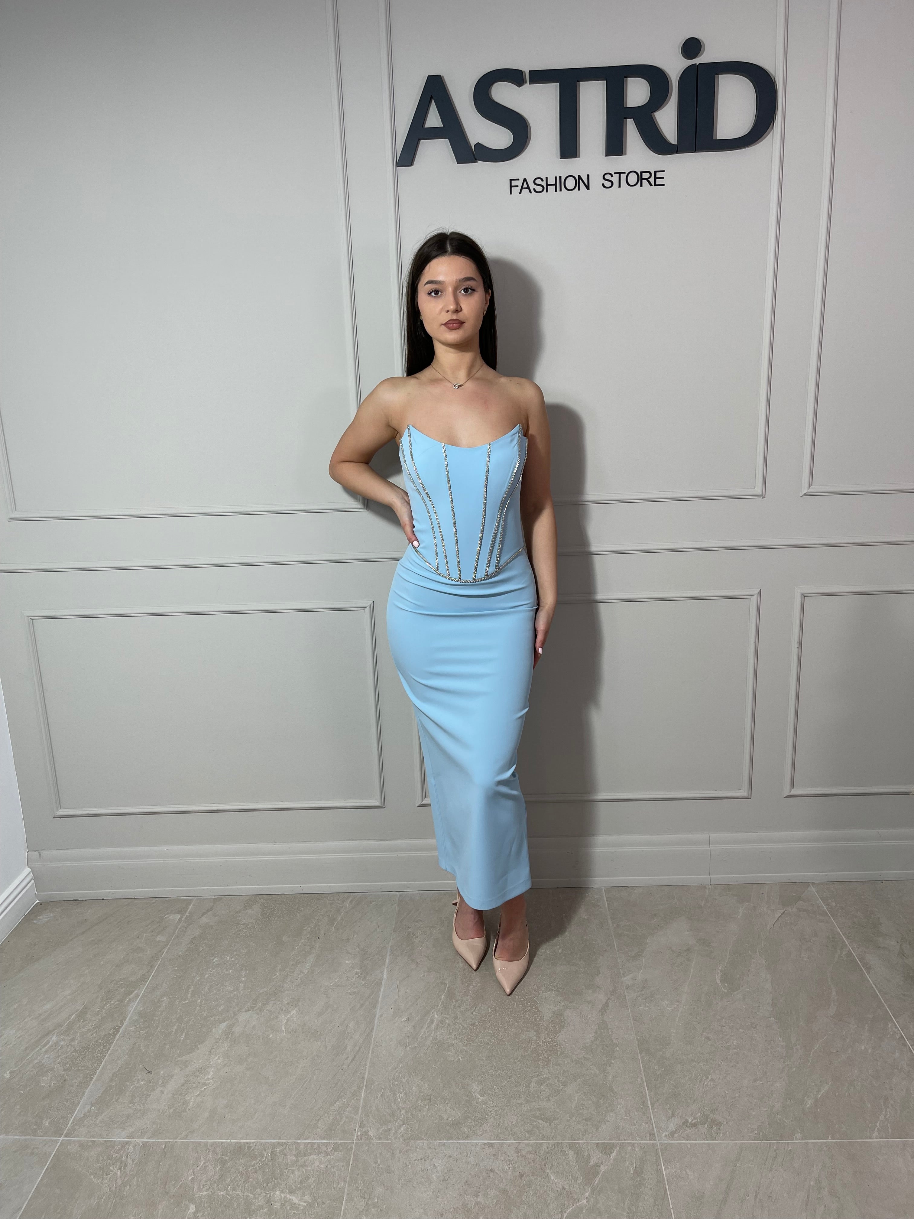 Rochie Zaira midi tip corset cu aplicații pietre