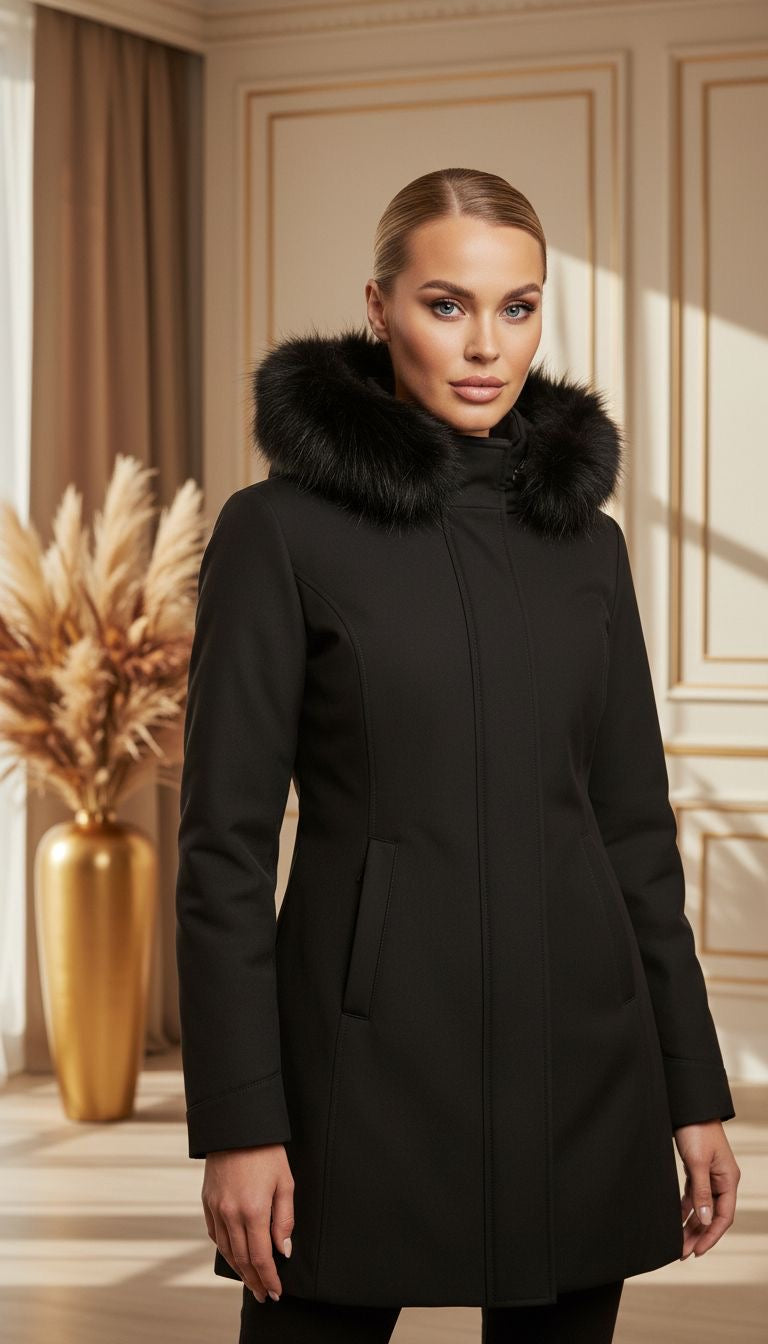 Geaca Tabita lungă neagră cu blană la guler