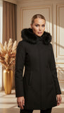 Geaca Tabita lungă neagră cu blană la guler