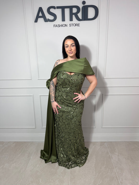 Rochie Dara lungă cu paiațe și trena laterală din satin