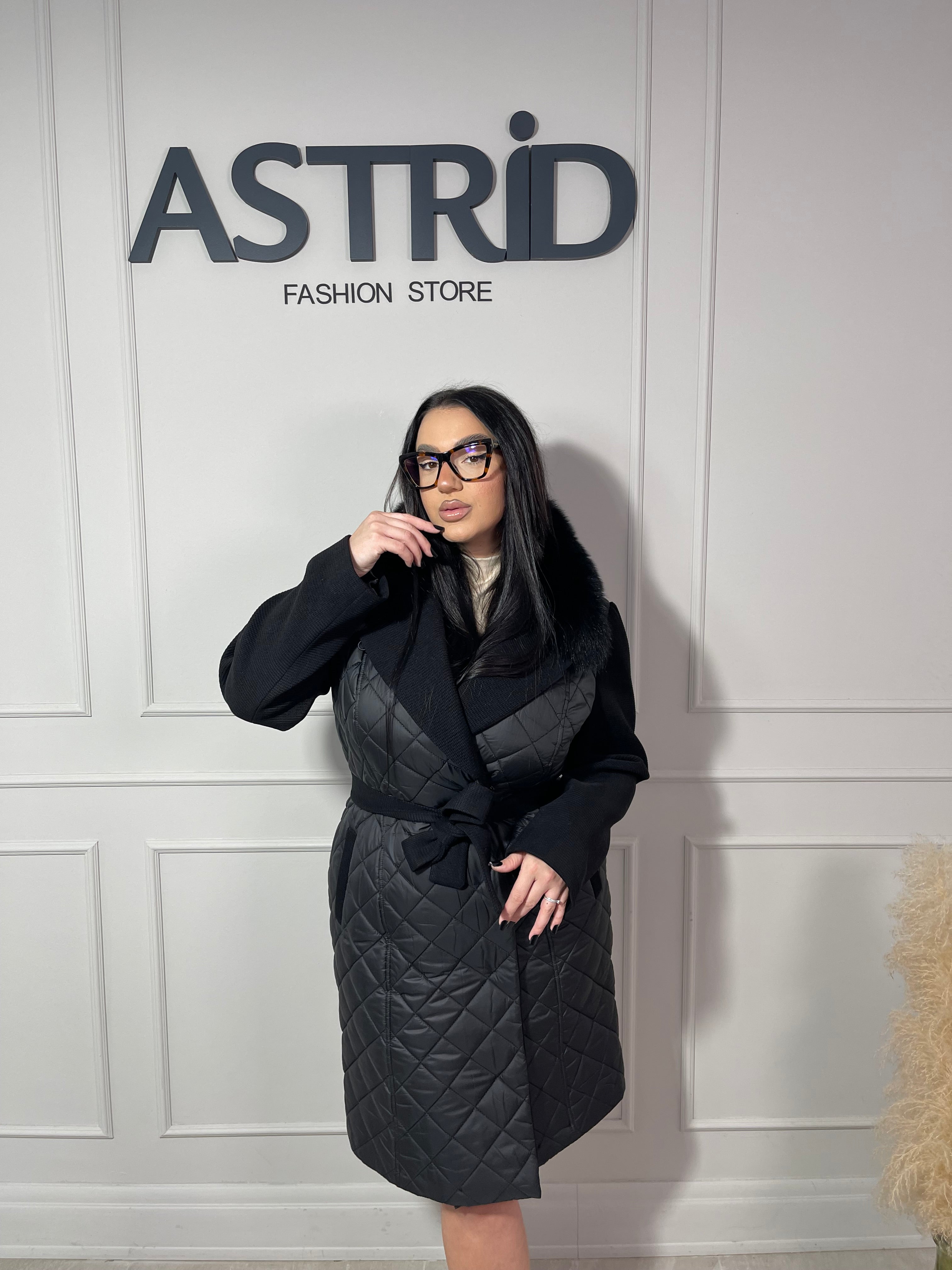 Palton Olivia combinație fâș și stofă