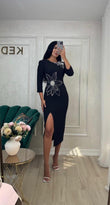 Rochie Lolita midi neagră crăpătură pe picior și aplicații pietre argintii