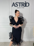 Rochie Elisa midi cu aplicații volane la umăr și picior curea în talie