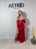 Rochie Eliana lungă din satin pietre la bust și mâneci detașabile