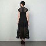 Rochie Estera midi în cloș cu funda la gât neagă