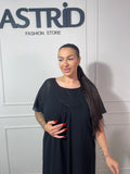 Rochie Yolanda midi neagră mânecă scurtă din voal și paiete la gat