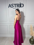 Rochie Erika lungă din satin în cloș cu corset la spate