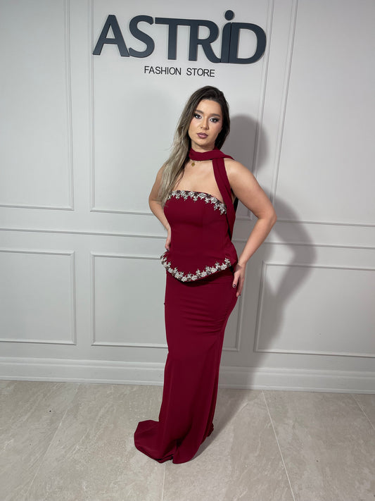 Rochie Evea lungă tip corset cu pietre și eșarfă