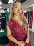 Rochie Alexia lungă din tiul falduri la bust și crăpătură pe picior