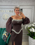 Rochie Polly midi cu aplicatii perle si maneci din voal
