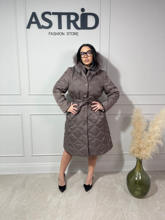 Geaca Tessa lungă închidere cu capse și cordon în talie