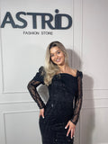 Rochie Mary lungă din paiete aplicații sclipici și mânecă lungă