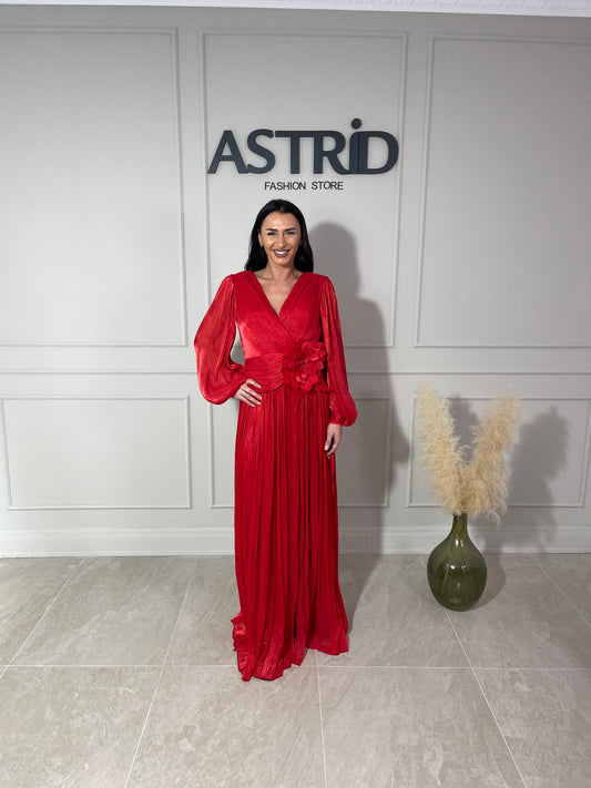 Rochie Paulina lungă din voal cu mânecă lungă și floare în talie