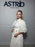 Rochie Aleya midi din broderie cu maneci bufante si cordon talie
