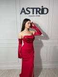Rochie Evelinn lungă cu falduri în talie și mânecă lungă