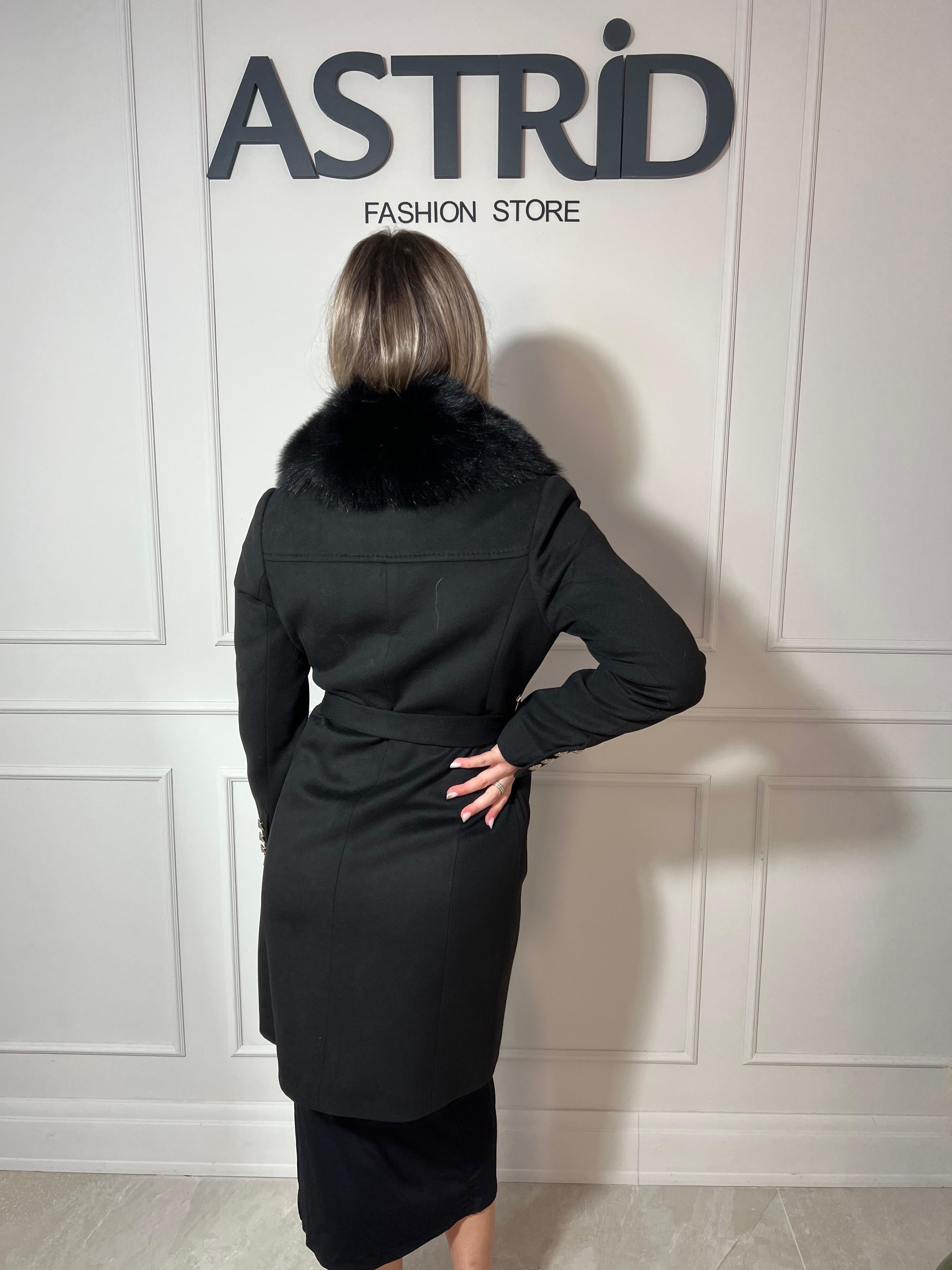 Palton Siena lung din cașmir cu blană naturală și catarame la mânecă