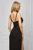 Rochie midi, neagra, bust tip corset din tull, fusta cu slit pe picior