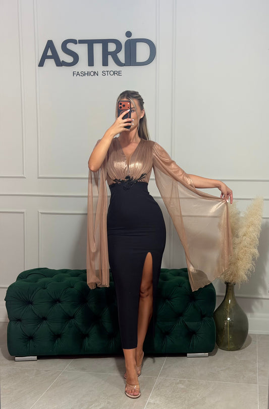 Rochie Beverly midi cu maneci din mătase naturală tip capă