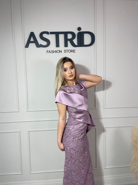 Rochie Women midi din dantelă falduri din satin la bust și talie